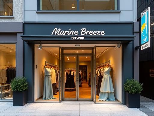 Exterior view of the inviting Marine Breeze Swim boutique in Shibuya, showcasing its elegant facade